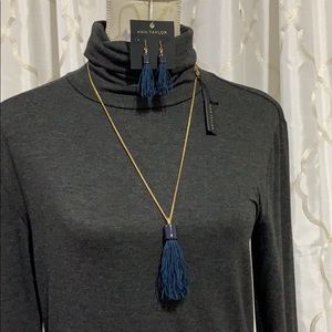 Ann Taylor Navy Blue tassel and earring set